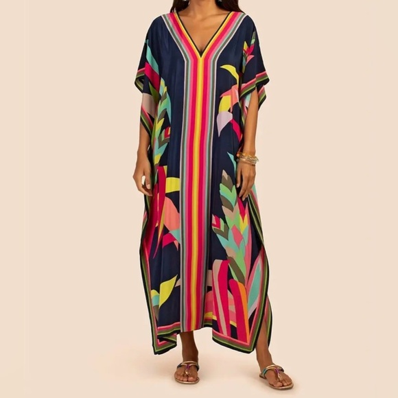 Boho V Neck Multicolor Maxi Kaftan Cover Up Dress - Picture 11 of 12